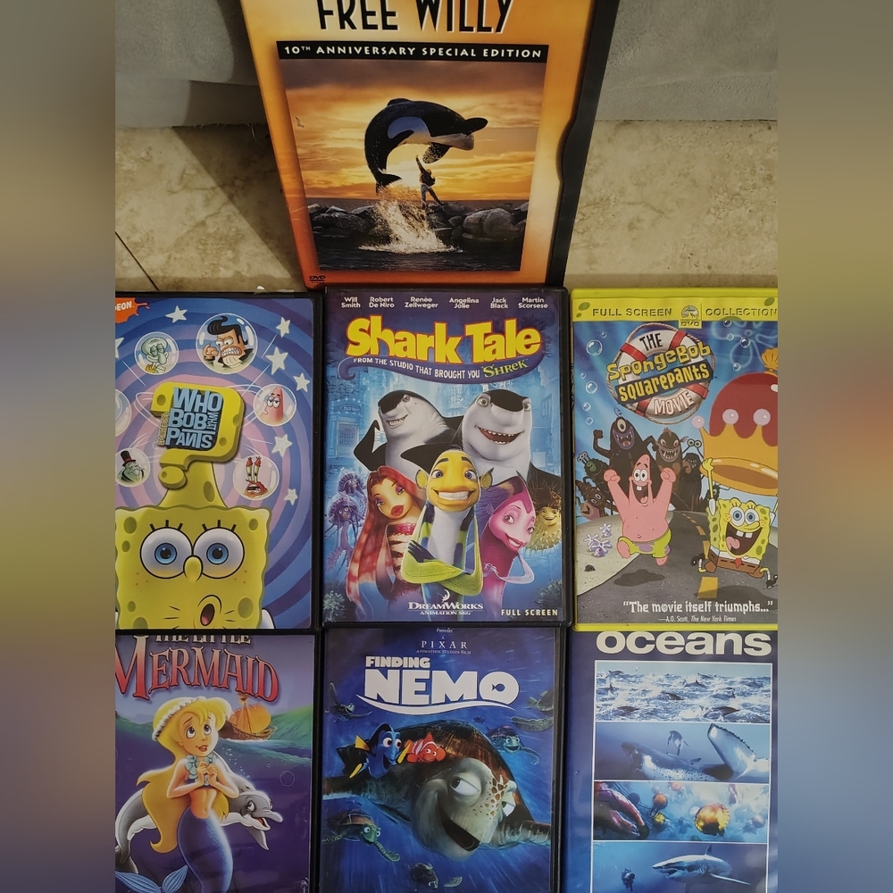 Disney Oceans DVD Lot of 7: Nemo, SpongeBob, Free Willy, Mermaid, Shark Tale